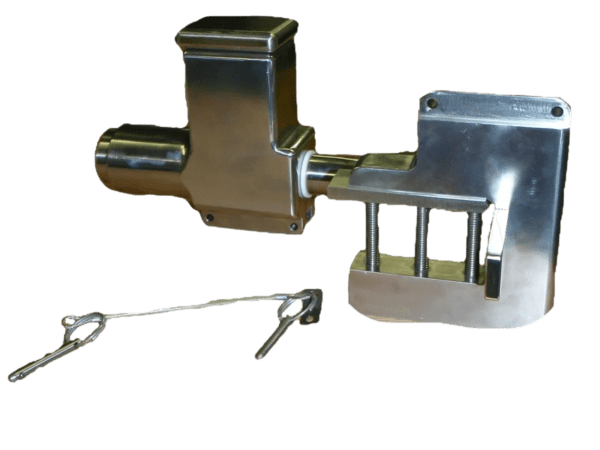 A stainless steel latch with a Bone Mills handle.